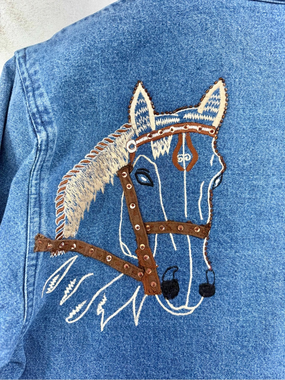 Womens Cowgirl Horse Equestrian Western Denim Beaded Sequin Jacket Medium - Picture 4 of 9